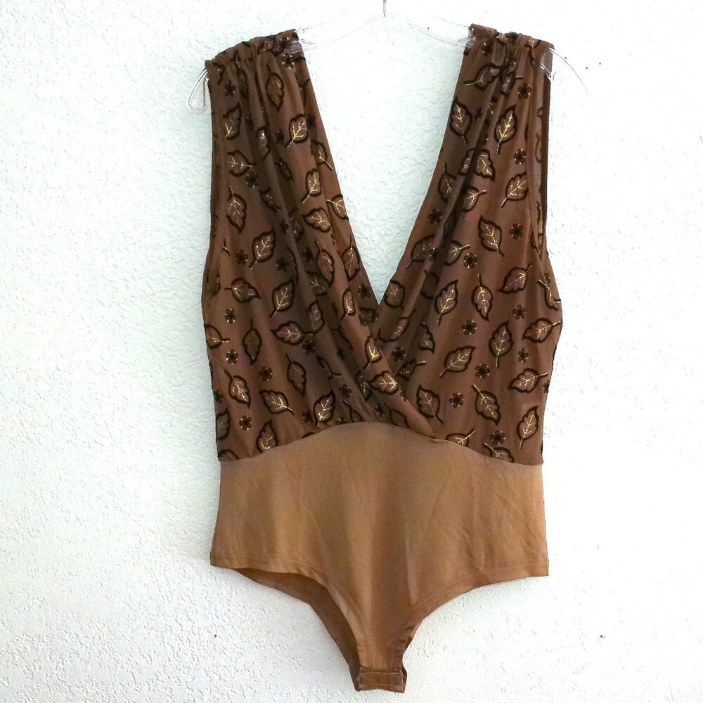 Available by Angela Fashion, brown V-Neck tank bodysuit, with golden glitters